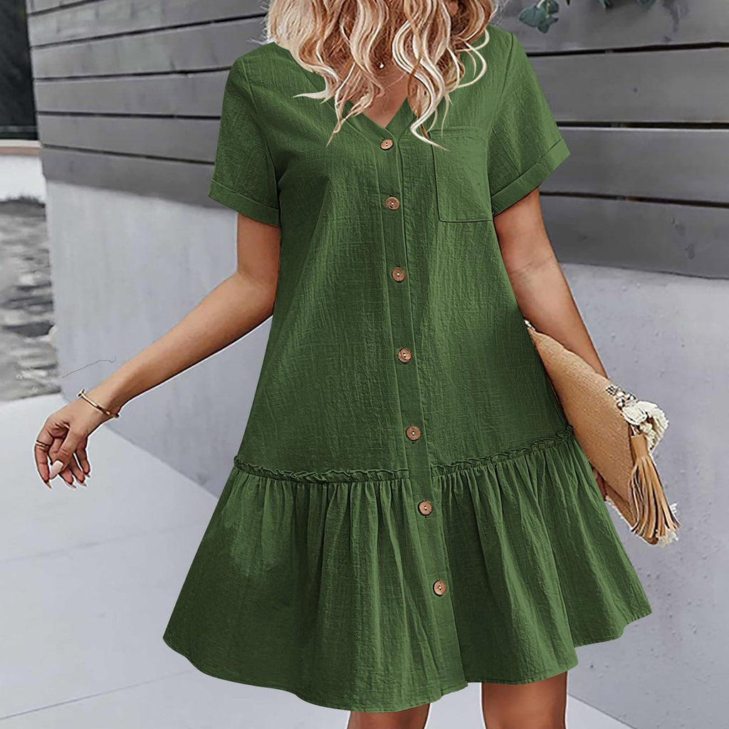 Vestido corto mujer algodón lino con botones y volante verano