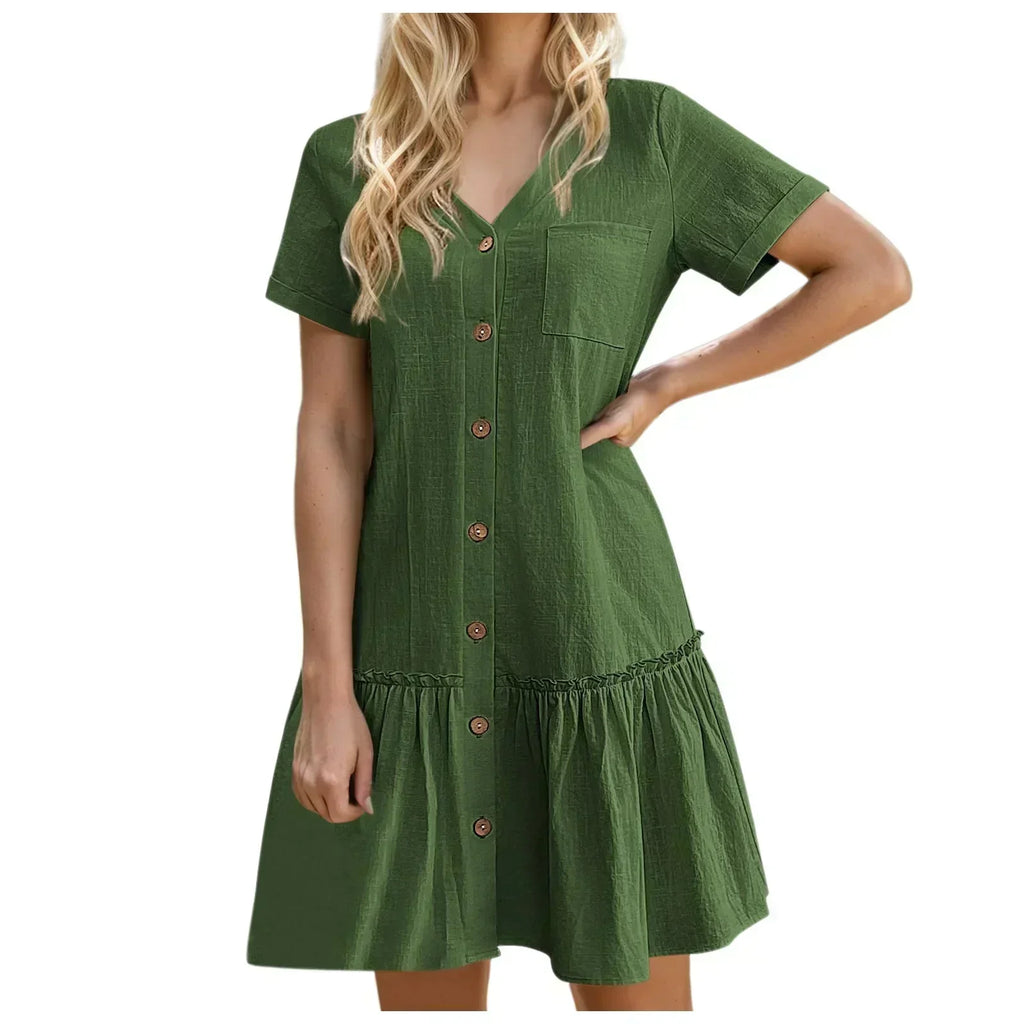 Vestido corto mujer algodón lino con botones y volante verano