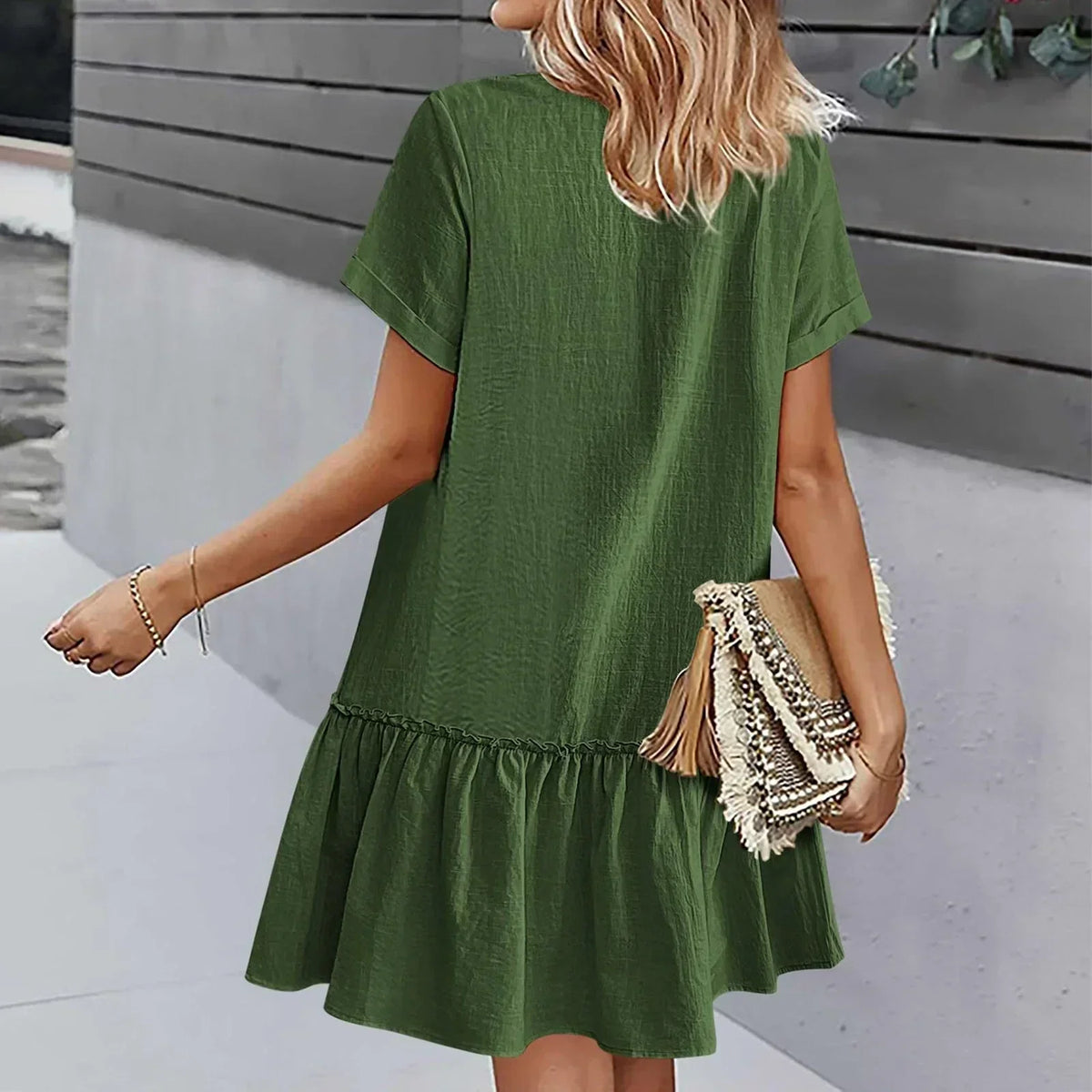 Vestido corto mujer algodón lino con botones y volante verano