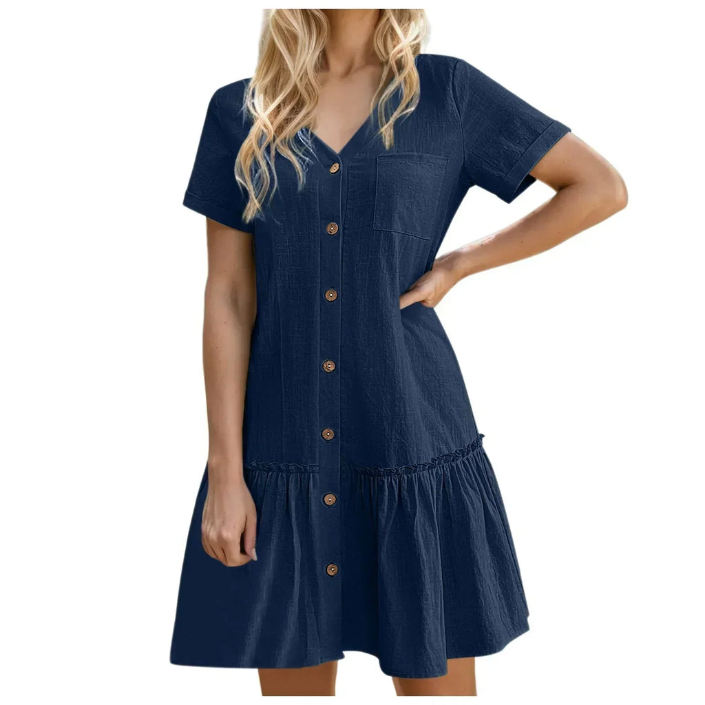 Vestido corto mujer algodón lino con botones y volante verano