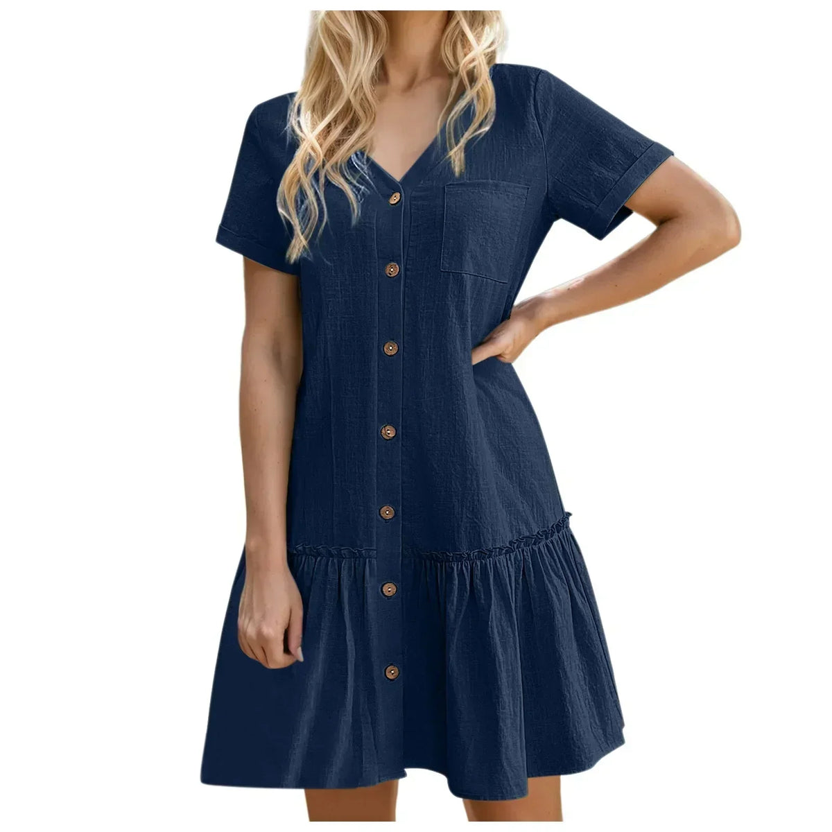 Vestido corto mujer algodón lino con botones y volante verano