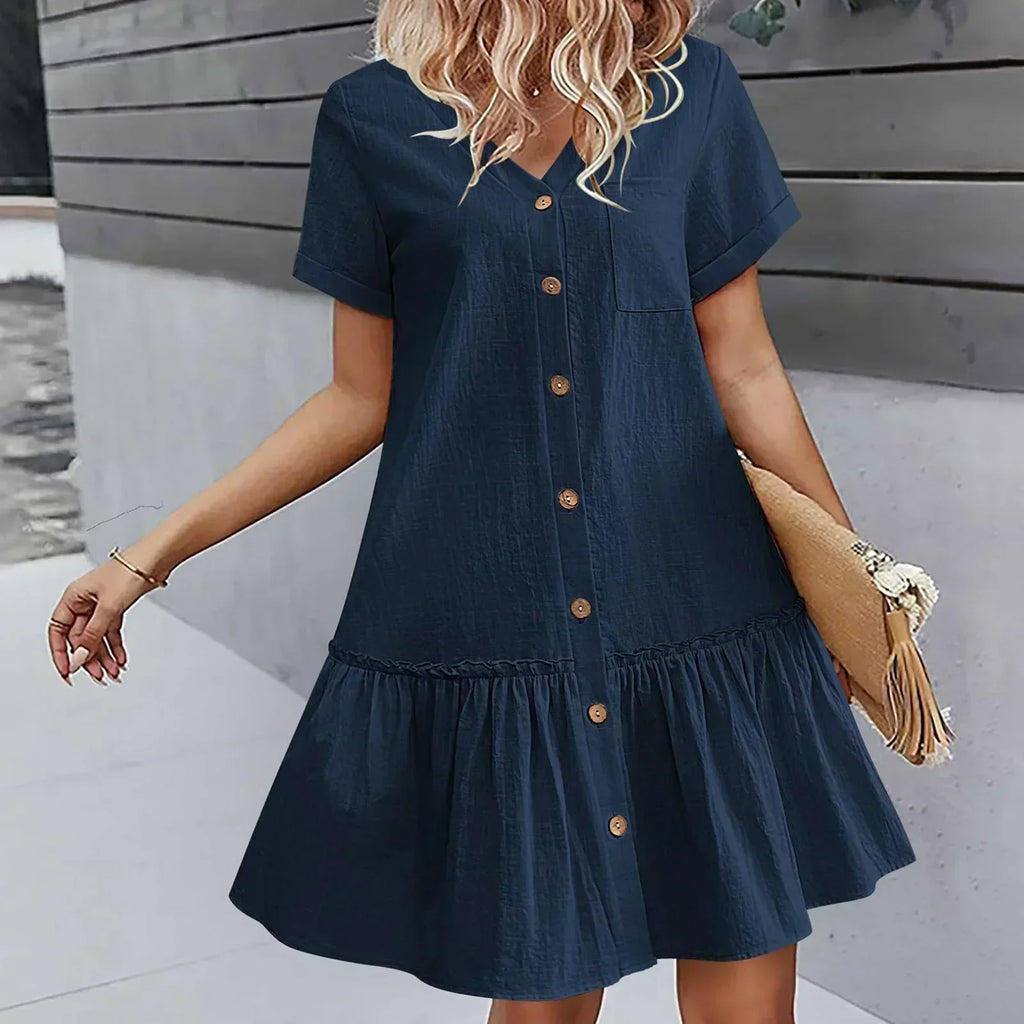 Vestido corto mujer algodón lino con botones y volante verano