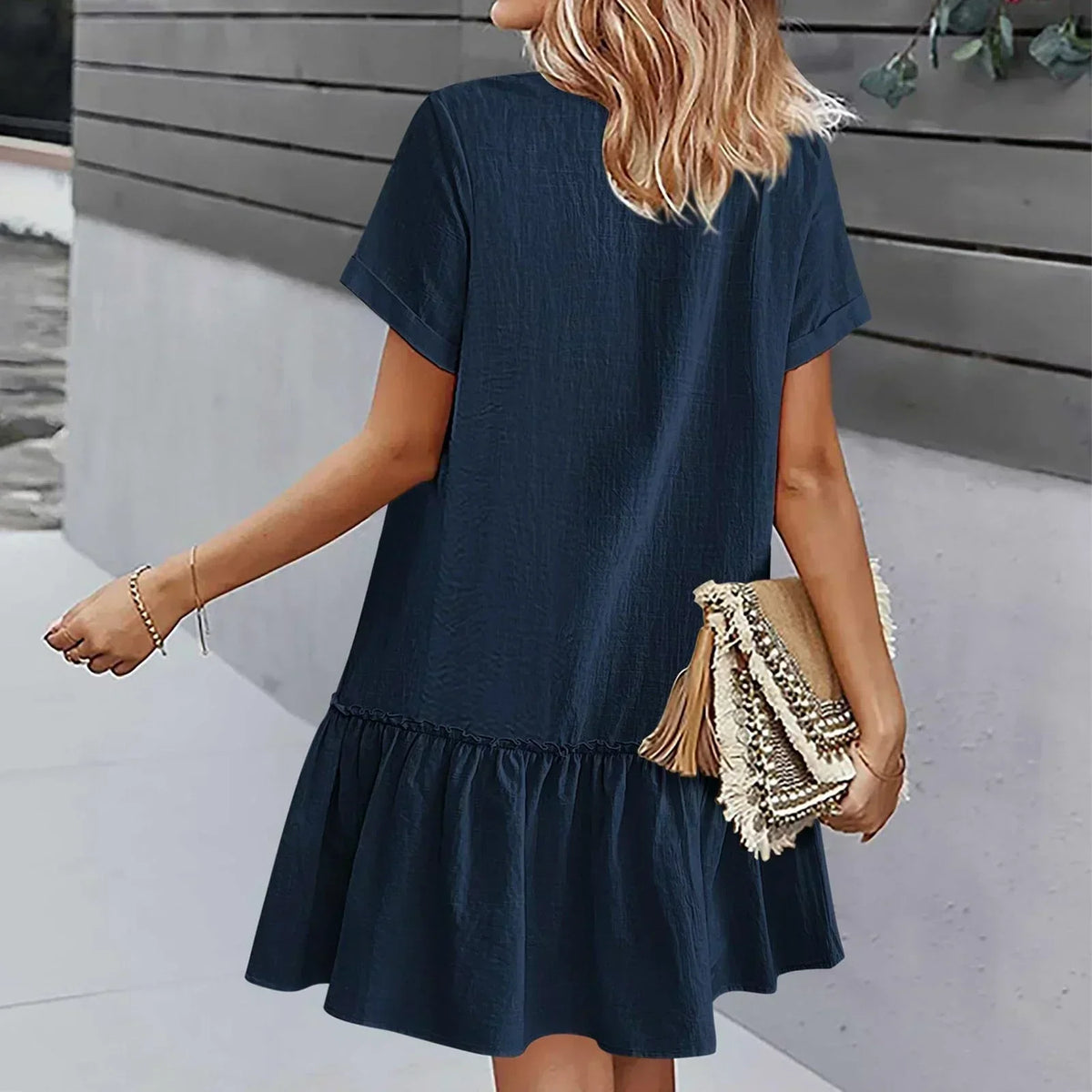 Vestido corto mujer algodón lino con botones y volante verano