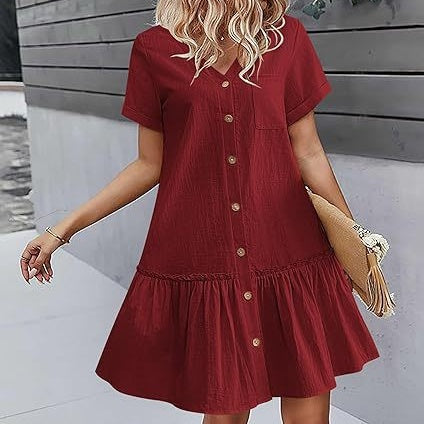 Vestido corto mujer algodón lino con botones y volante verano