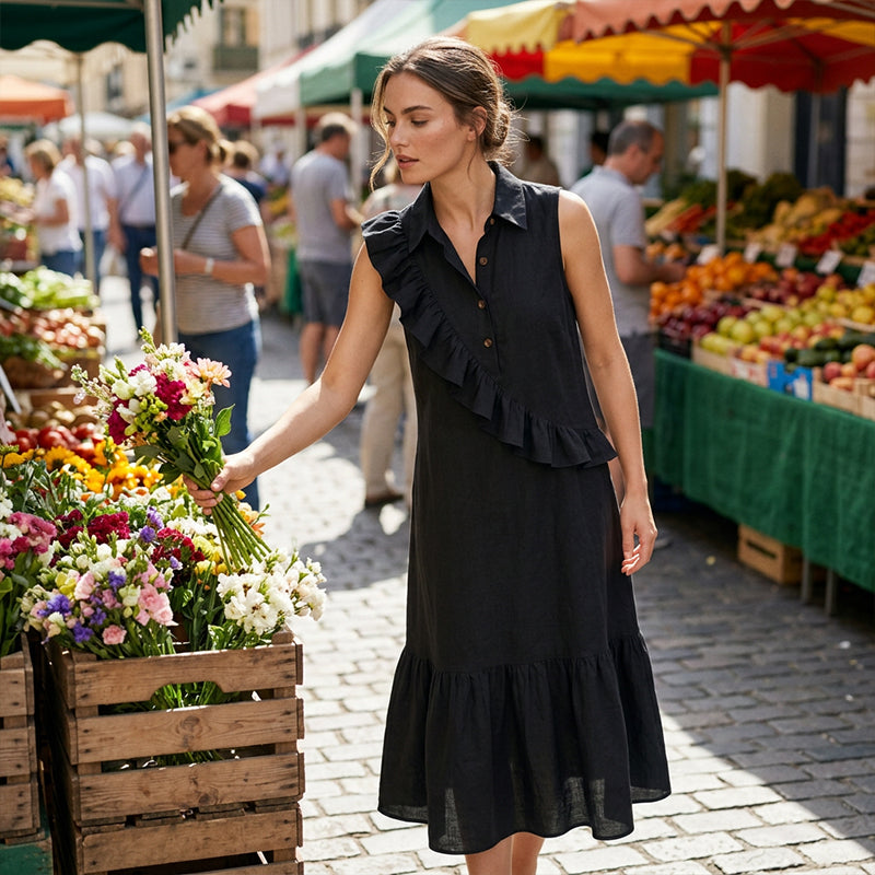 Vestido midi poliéster sin mangas con volantes para verano chic