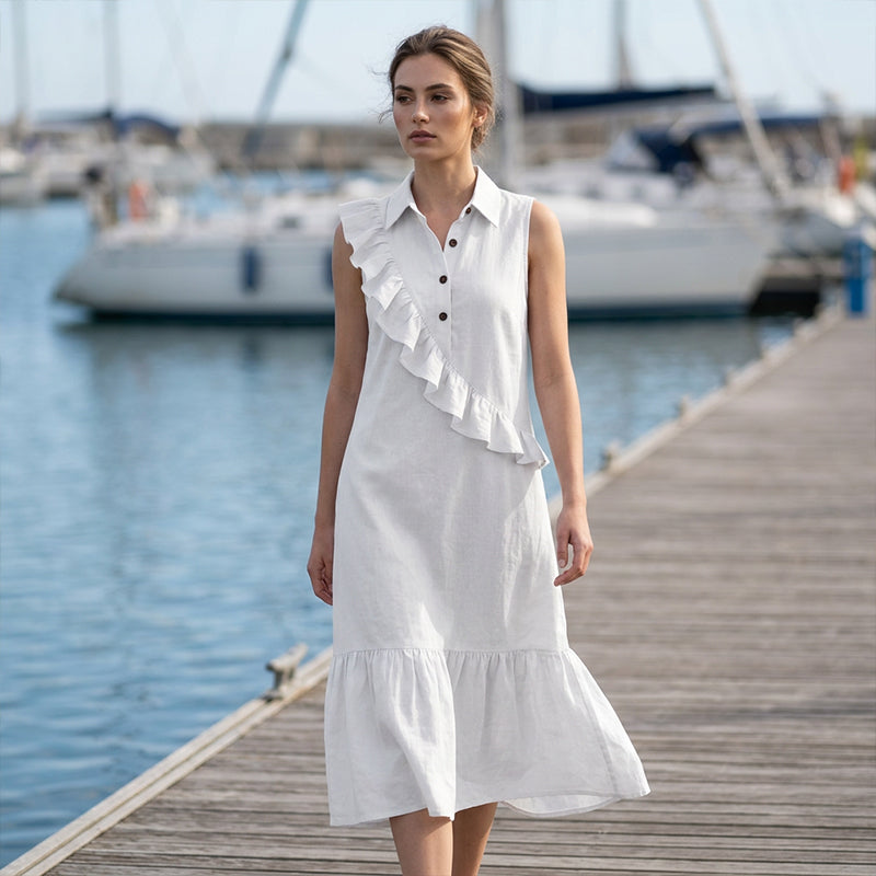 Vestido midi poliéster sin mangas con volantes para verano chic