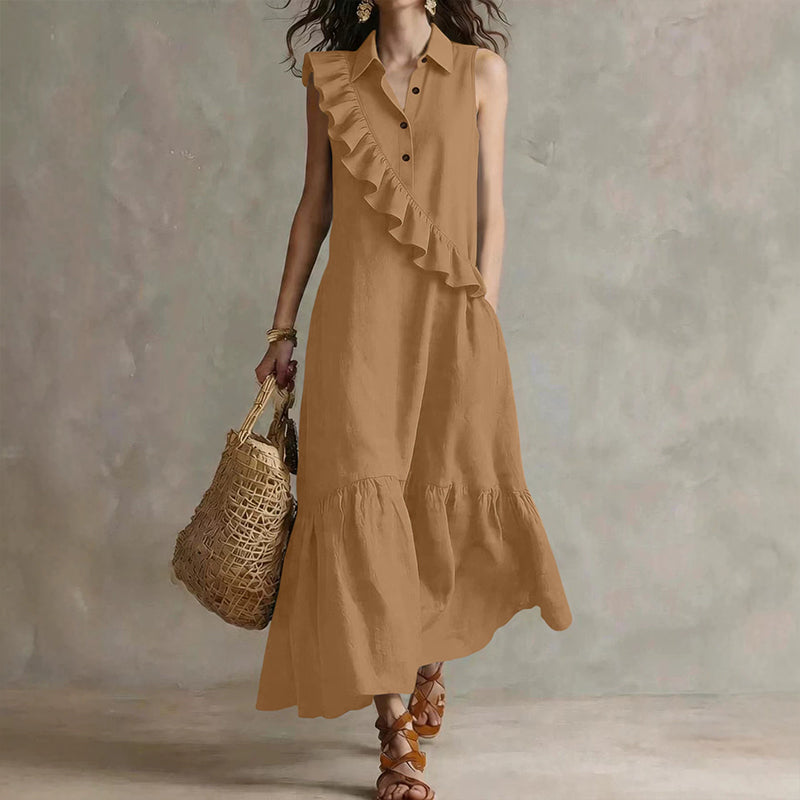 Vestido midi poliéster sin mangas con volantes para verano chic