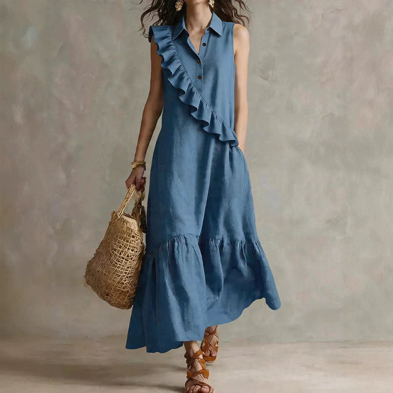 Vestido midi poliéster sin mangas con volantes para verano chic