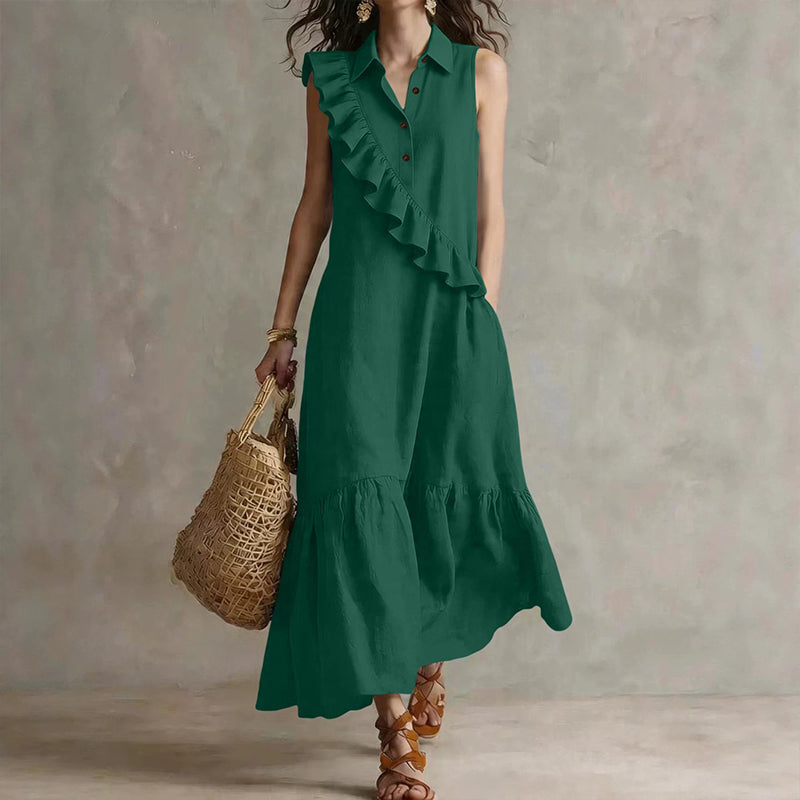 Vestido midi poliéster sin mangas con volantes para verano chic