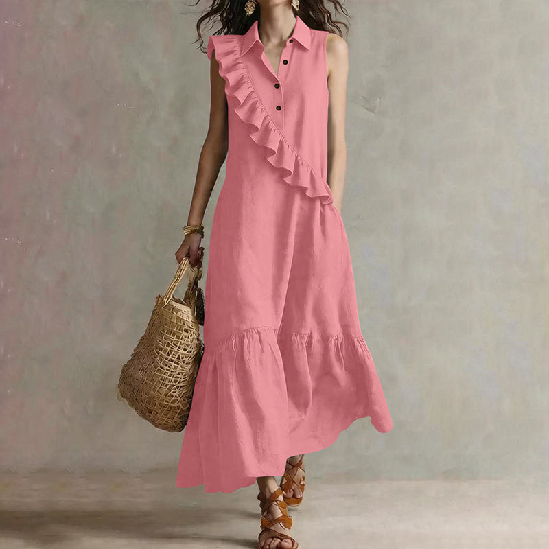 Vestido midi poliéster sin mangas con volantes para verano chic