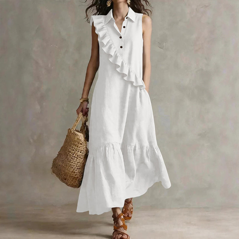 Vestido midi poliéster sin mangas con volantes para verano chic