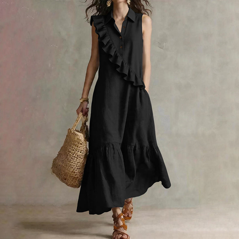 Vestido midi poliéster sin mangas con volantes para verano chic
