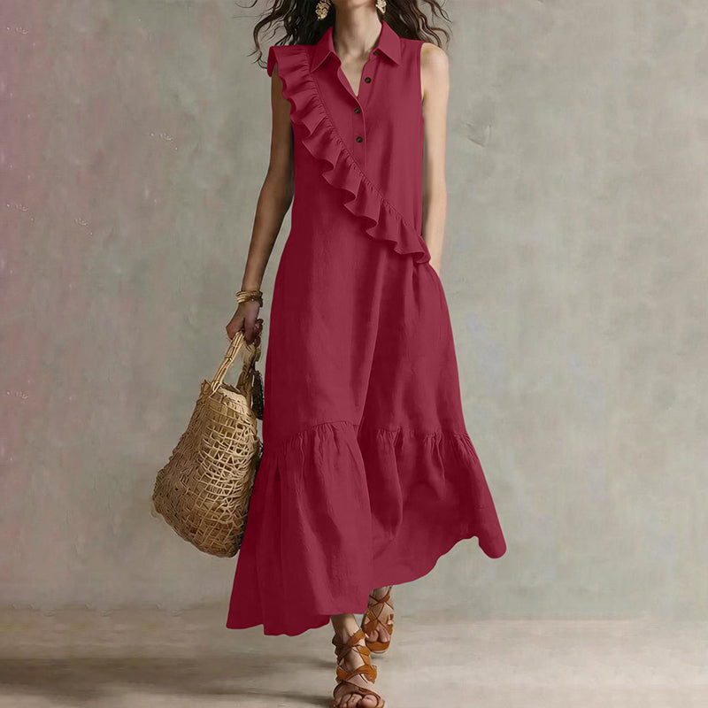 Vestido midi poliéster sin mangas con volantes para verano chic