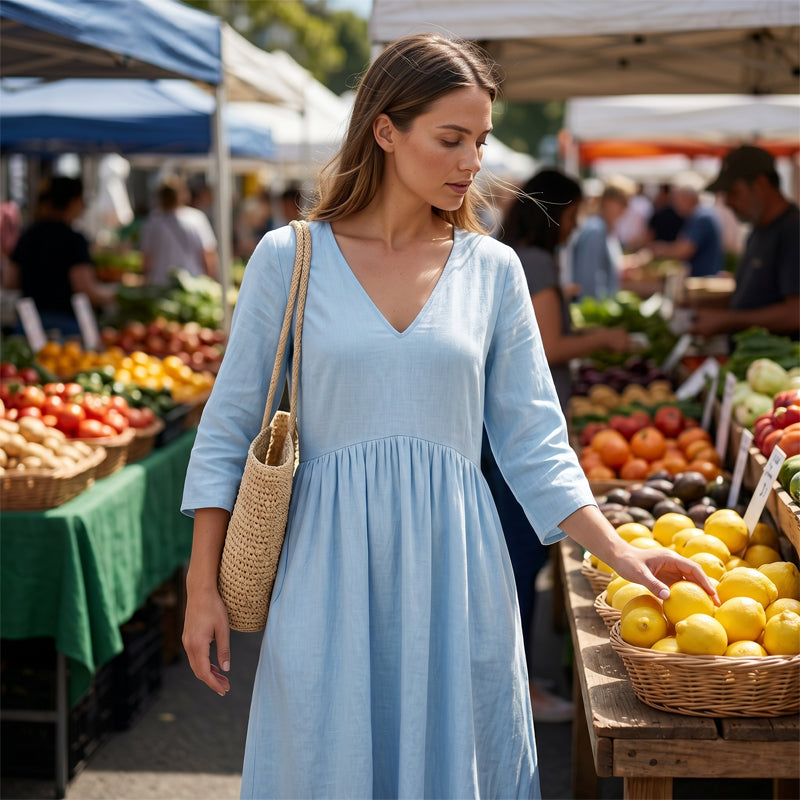 Vestido largo poliéster efecto seda con cuello en V casual chic