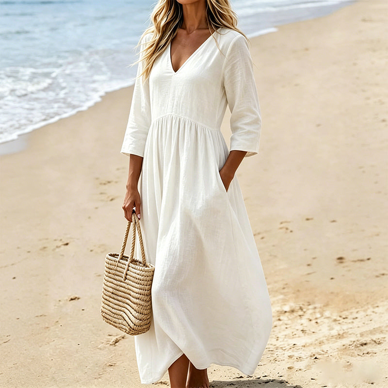 Vestido largo poliéster efecto seda con cuello en V casual chic