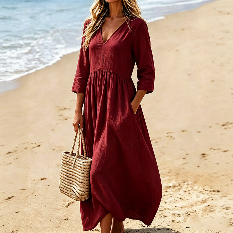 Vestido largo poliéster efecto seda con cuello en V casual chic