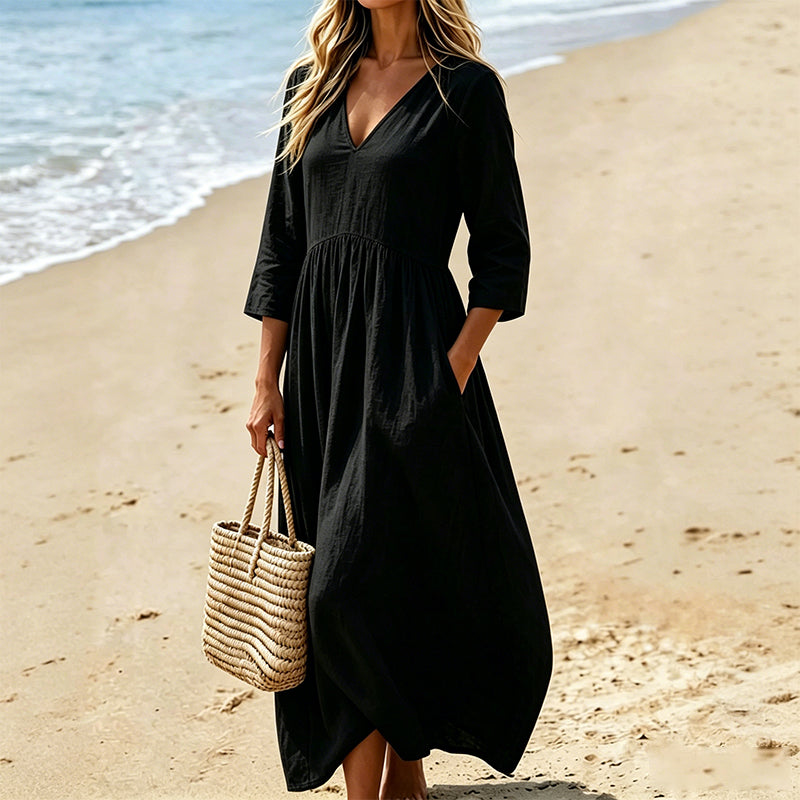 Vestido largo poliéster efecto seda con cuello en V casual chic