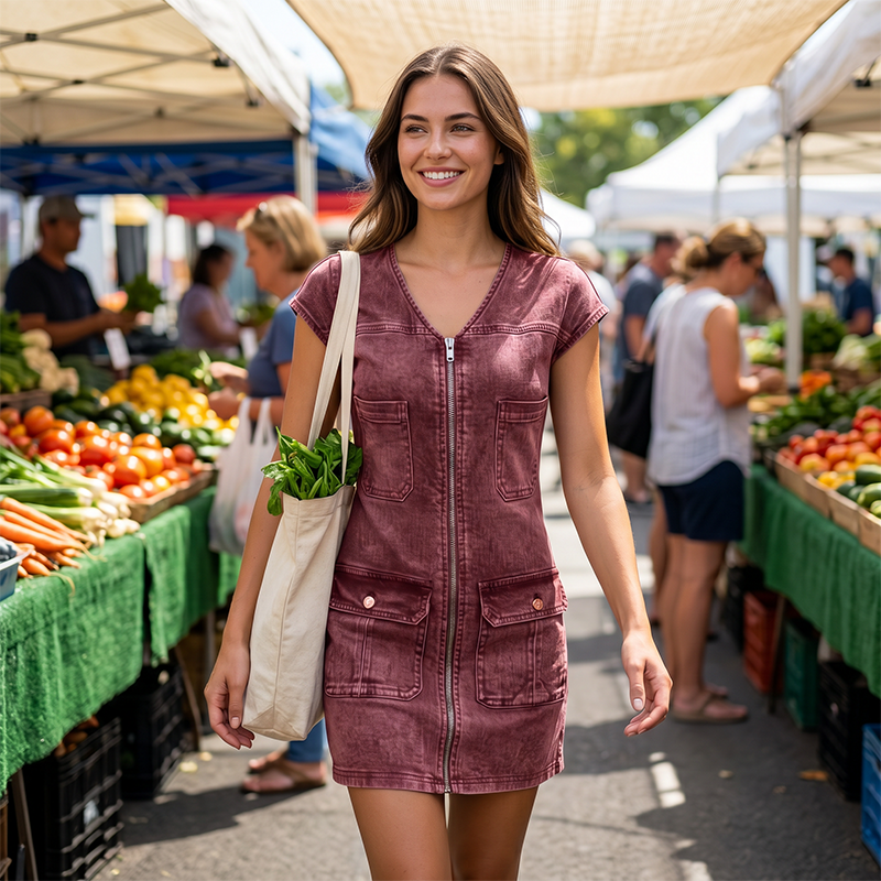 Vestido mujer efecto denim con cremallera y bolsillos casual