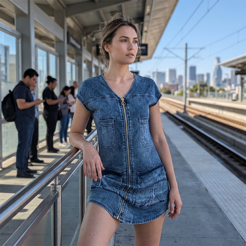 Vestido mujer efecto denim con cremallera y bolsillos casual