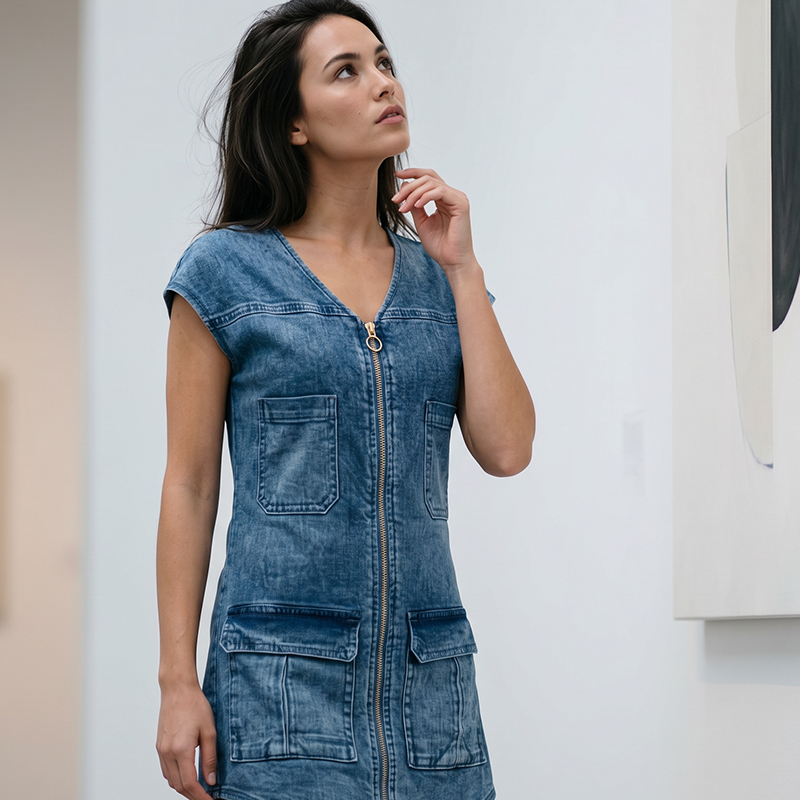 Vestido mujer efecto denim con cremallera y bolsillos casual