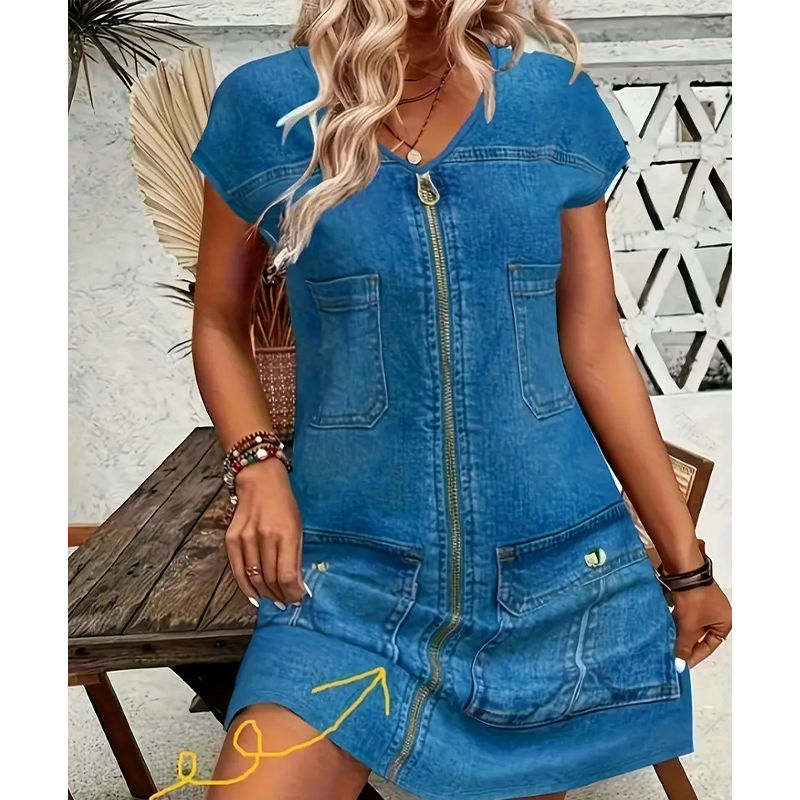 Vestido mujer efecto denim con cremallera y bolsillos casual