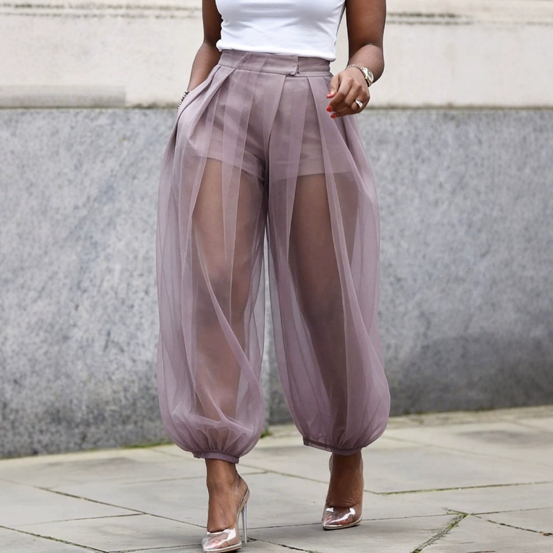 Pantalón mujer de malla transparente con short integrado y cintura alta