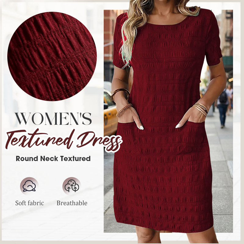 Vestido mujer texturizado con cuello redondo y bolsillos