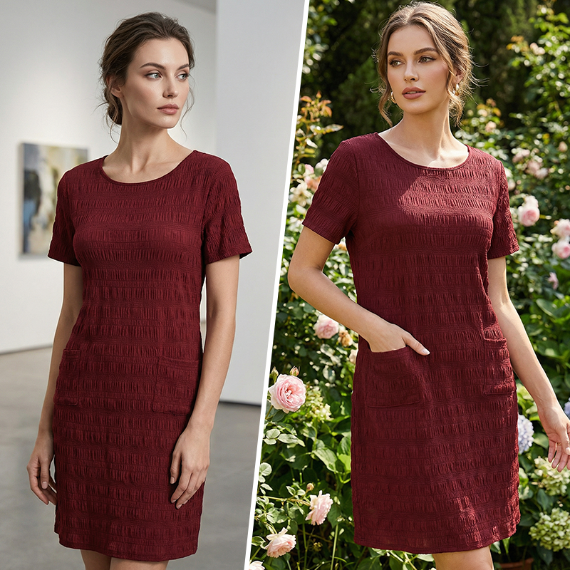 Vestido mujer texturizado con cuello redondo y bolsillos