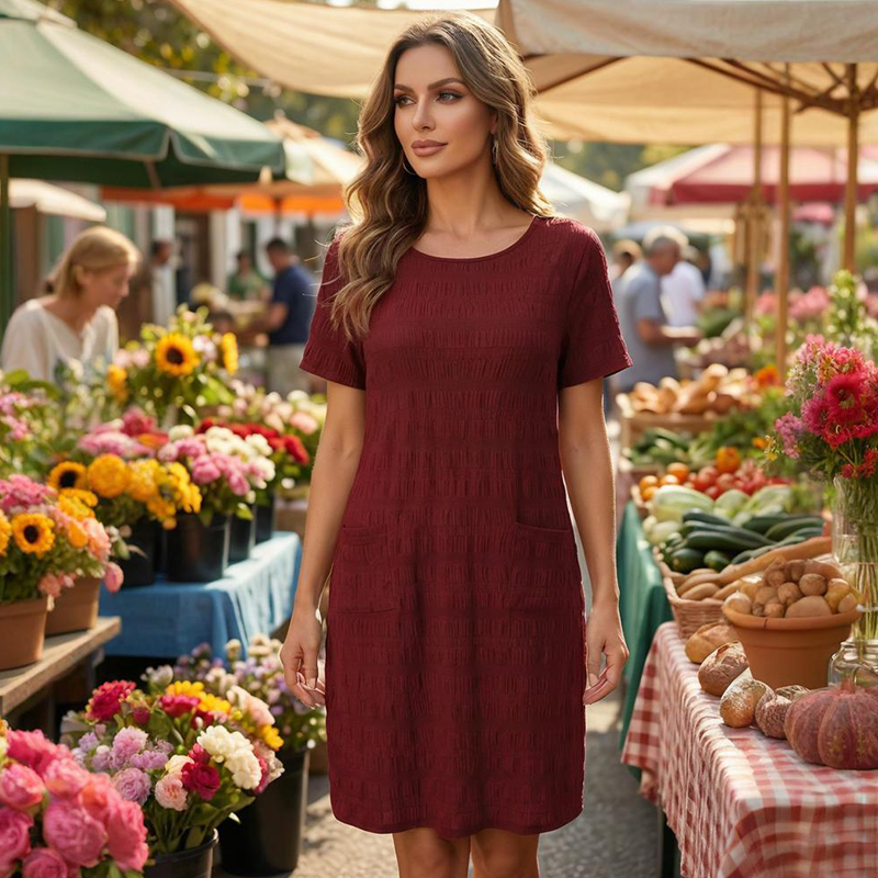 Vestido mujer texturizado con cuello redondo y bolsillos