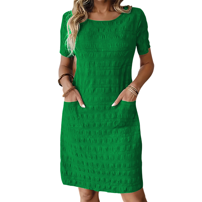 Vestido mujer texturizado con cuello redondo y bolsillos