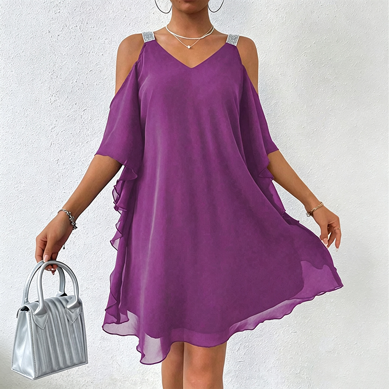 Vestido corto de mujer con hombros descubiertos y tirantes brillantes