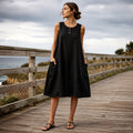Vestido sin mangas de mujer en algodón y lino con bolsillos