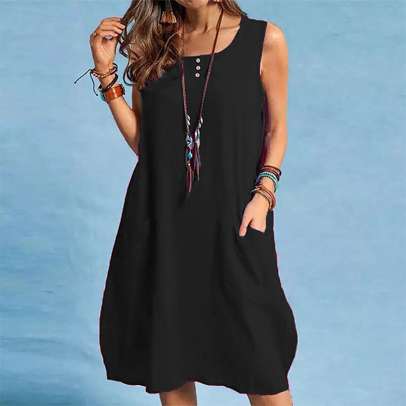 Vestido sin mangas de mujer en algodón y lino con bolsillos