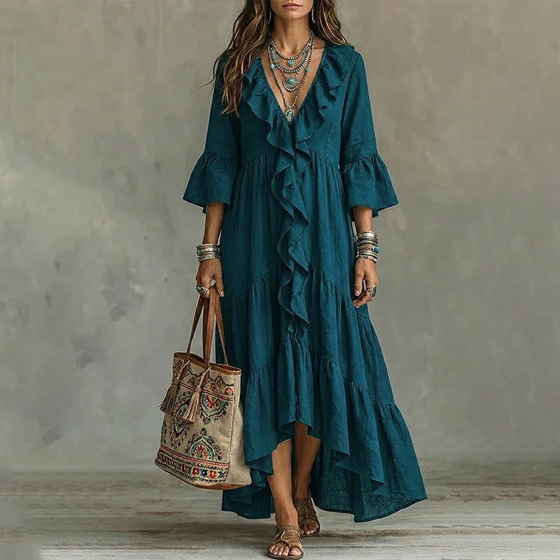 Vestido asimétrico para mujer con volantes y escote en V
