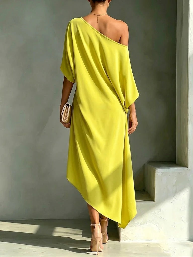 Vestido midi mujer asimétrico con hombro descubierto elegante